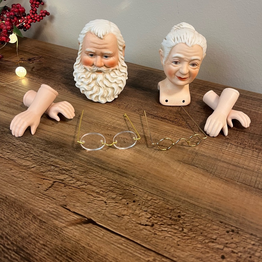 Vintage Santa & Mrs. Claus porcelain heads withh arms & glasses (new)